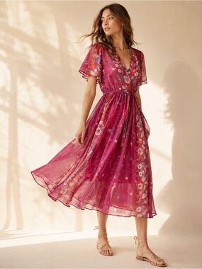 Vintage 70s Sheer Floral Midi Dress Romantic Prairie Fairy Sz S